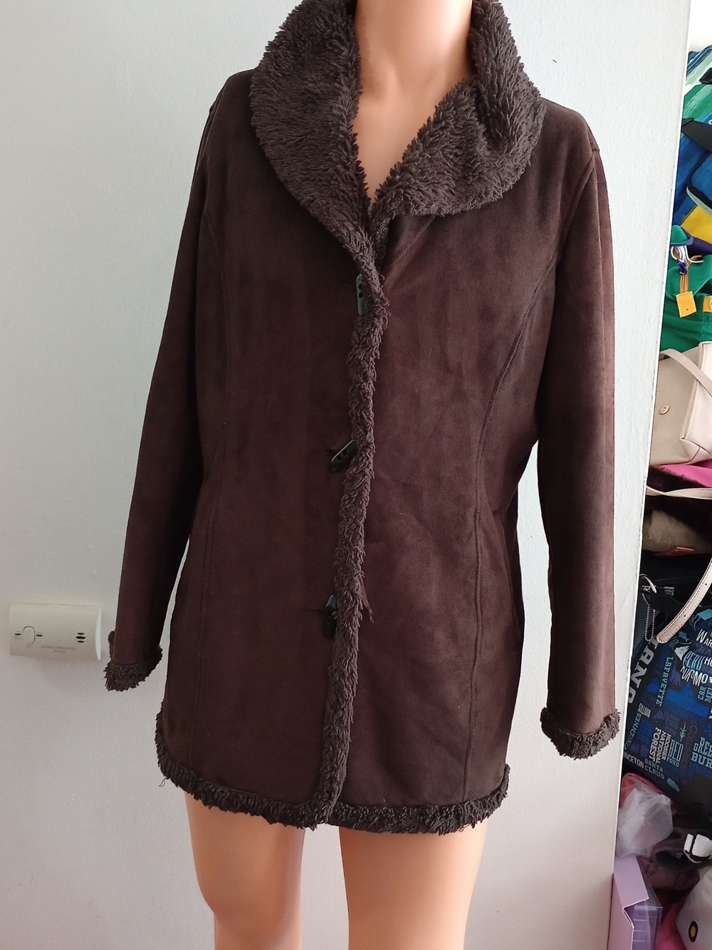 Jones New York Chocolate Brown Teddy Jacket with Faux-Shearling Trim